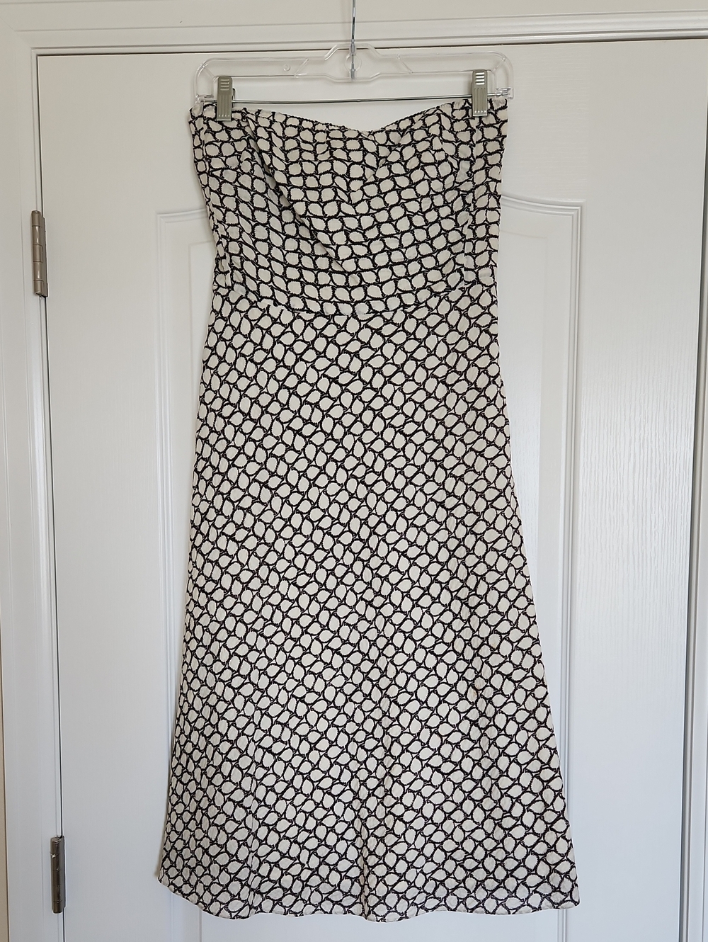 J. Crew Strapless Brown and White Geometric Midi Dress